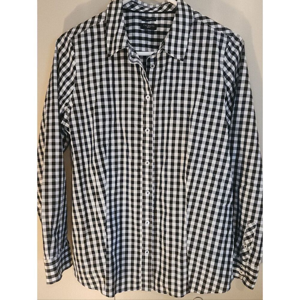 U43 Talbots Black & White Gingham Button-Down Fitted Shirt Womens long sleeves